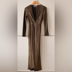 Reformation Bronze Metallic Long-Sleeve Twist-Front Gown